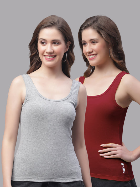 Women Pack Of 2 Grey & Maroon Regular Tank Top - Friskers