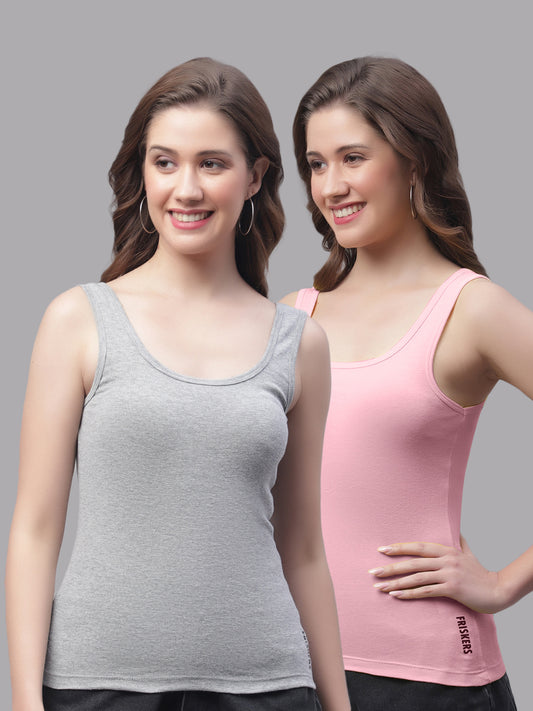 Women Pack Of 2 Grey & Coral Regular Tank Top - Friskers
