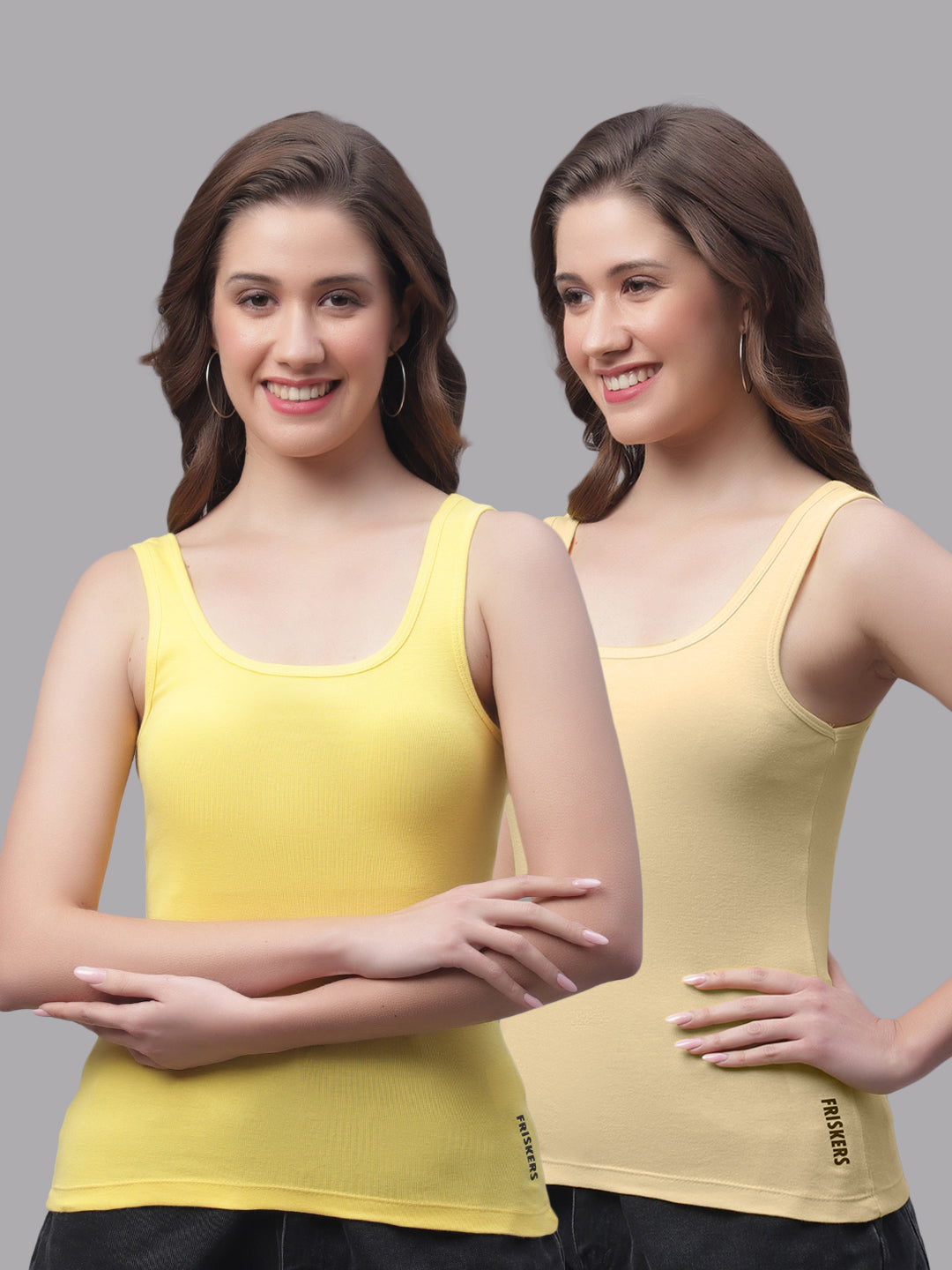 Women Pack Of 2 Yellow & Skin Regular Tank Top - Friskers