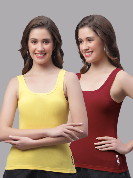 Women Pack Of 2 Yellow & Maroon Regular Tank Top - Friskers