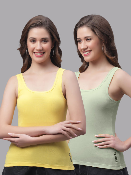 Women Pack Of 2 Yellow & Pista Regular Tank Top - Friskers