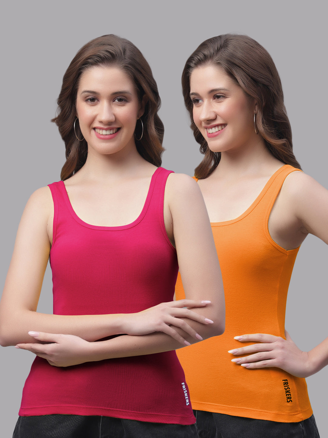 Women Pack Of 2 Pink & Orange Regular Tank Top - Friskers