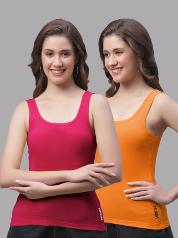 Women Pack Of 2 Pink & Orange Regular Tank Top - Friskers