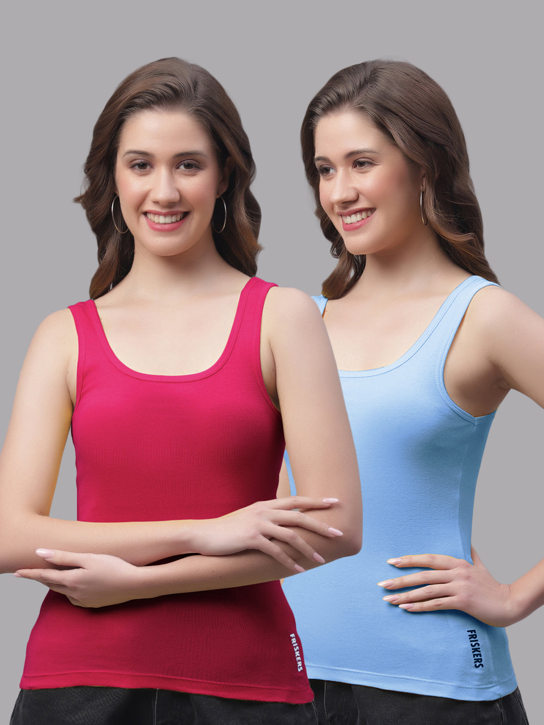 Women Pack Of 2 Pink & Turquoise Regular Tank Top - Friskers