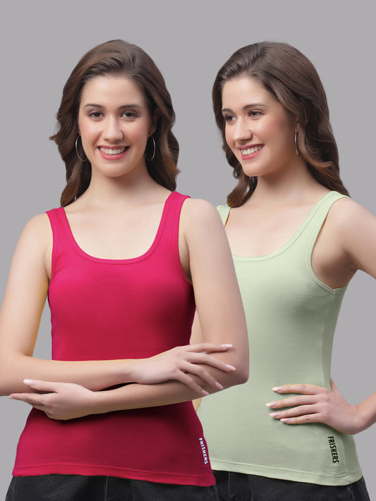Women Pack Of 2 Pink & Pista Regular Tank Top - Friskers