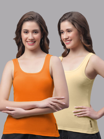 Women Pack Of 2 Orange & Skin Regular Tank Top - Friskers