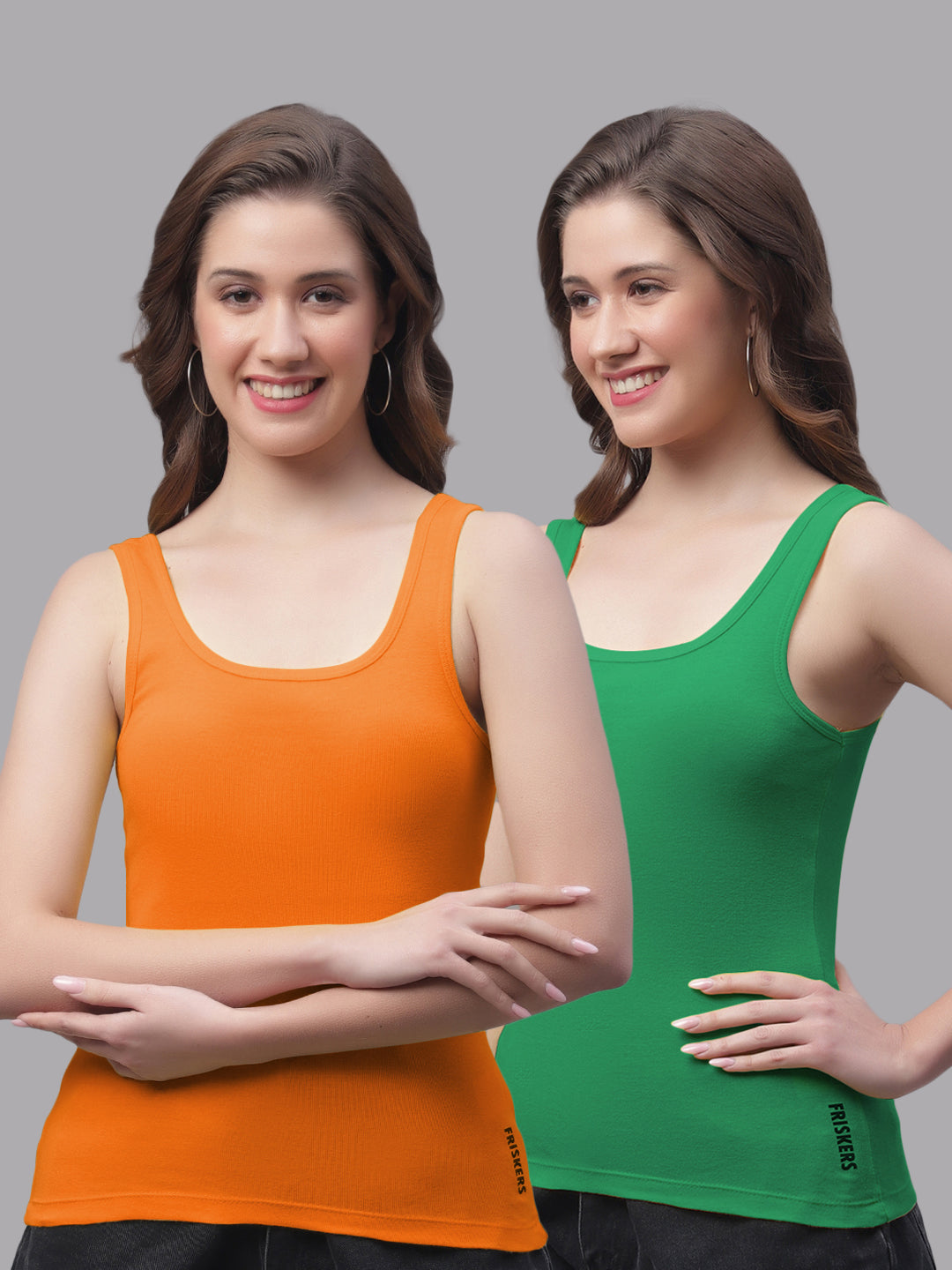 Women Pack Of 2 Orange & Green Regular Tank Top - Friskers