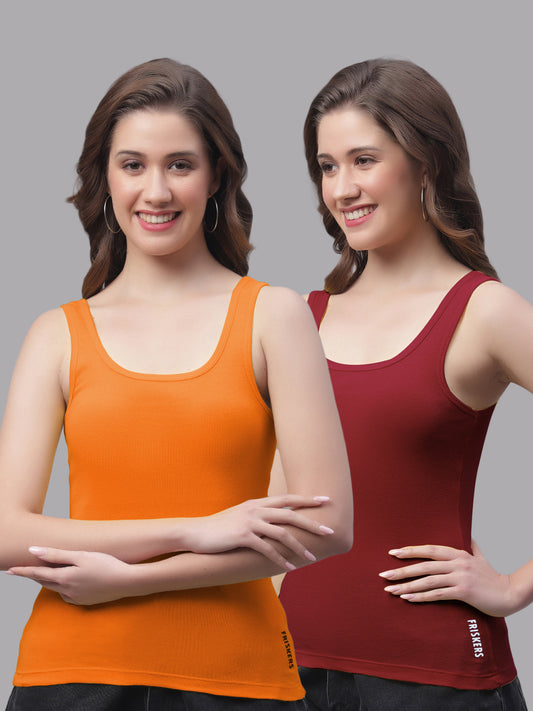 Women Pack Of 2 Orange & Maroon Regular Tank Top - Friskers