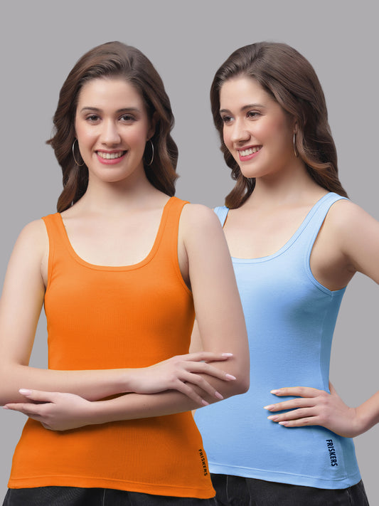 Women Pack Of 2 Orange & Turquoise Regular Tank Top - Friskers