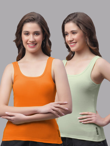 Women Pack Of 2 Orange & Pista Regular Tank Top - Friskers