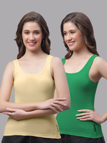 Women Pack Of 2 Skin & Green Regular Tank Top - Friskers