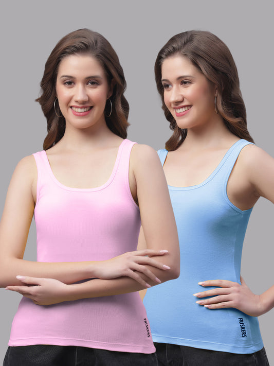 Women Pack Of 2 Light Pink & Turquoise Regular Tank Top - Friskers