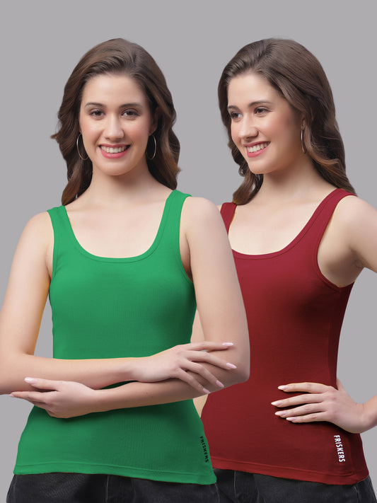 Women Pack Of 2 Green & Maroon Regular Tank Top - Friskers