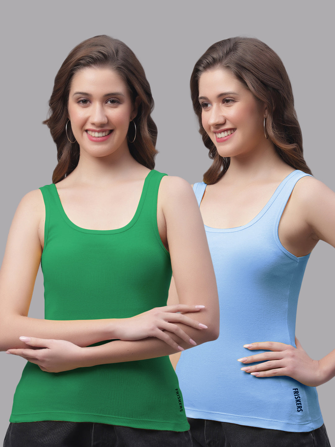 Women Pack Of 2 Green & Turquoise Regular Tank Top - Friskers