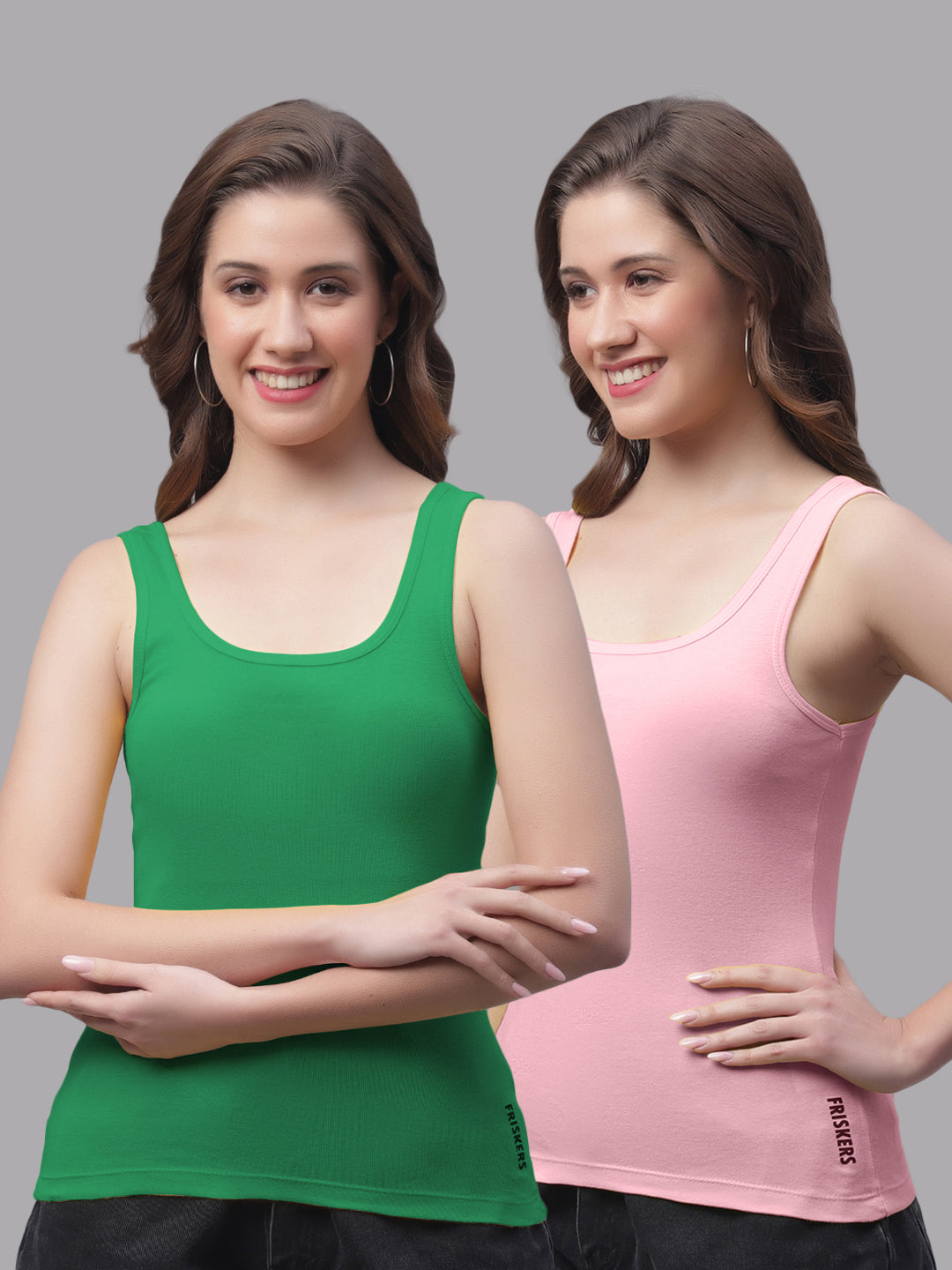 Women Pack Of 2 Green & Coral Regular Tank Top - Friskers