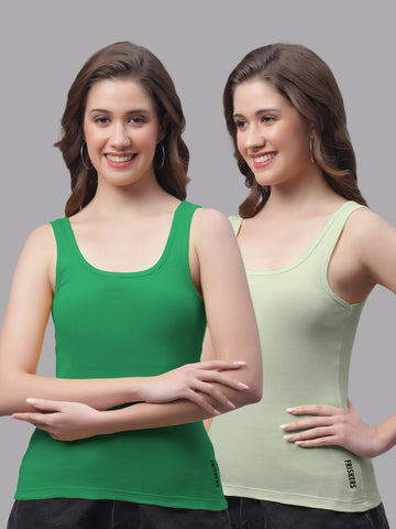 Women Pack Of 2 Green & Pista Regular Tank Top - Friskers