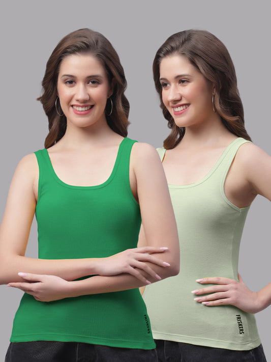 Women Pack Of 2 Green & Pista Regular Tank Top - Friskers