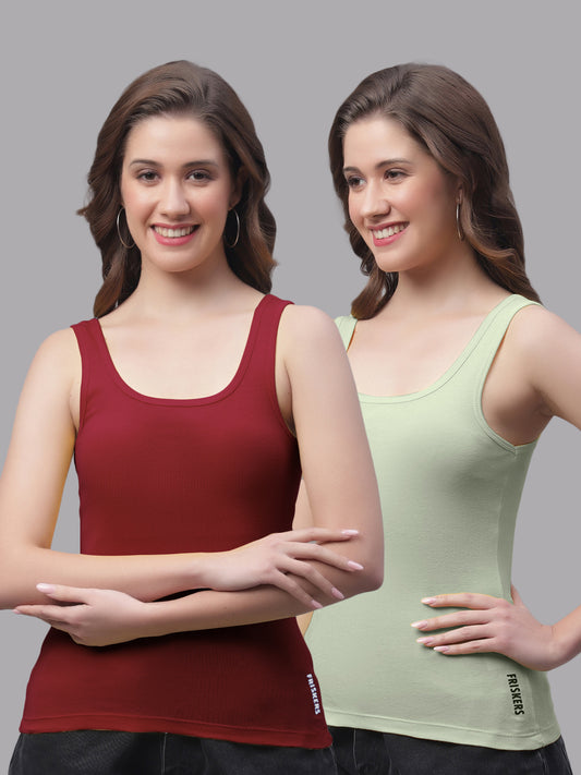 Women Pack Of 2 Maroon & Pista Regular Tank Top - Friskers