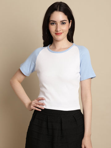 Friskers Women Solid Ribbed Round Neck Crop Top