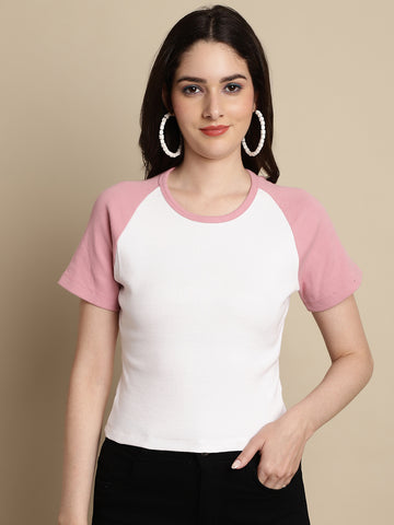 Friskers Women Solid Ribbed Round Neck Crop Top