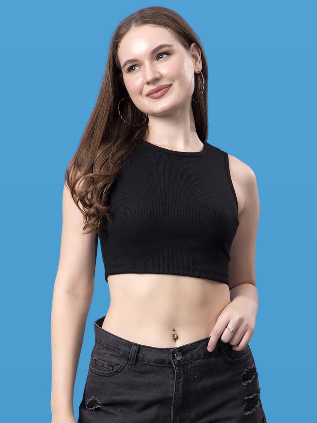 Friskers Women Solid Ribbed Round-Neck Crop Top