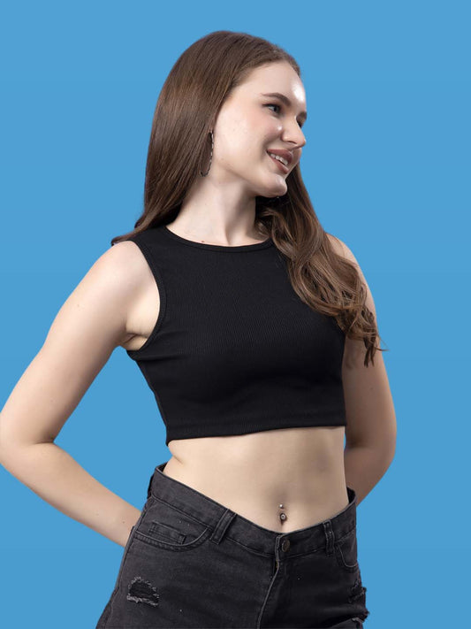 Friskers Women Solid Ribbed Round-Neck Crop Top