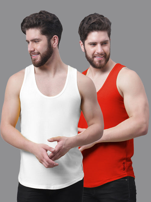 Men's Pack Of 2 White & Red Solid Pure Cotton Innerwear Gym Vest