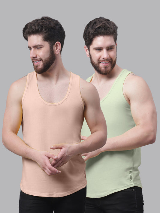 Men's Pack Of 2 Coral & Pista Solid Pure Cotton Innerwear Gym Vest - Friskers