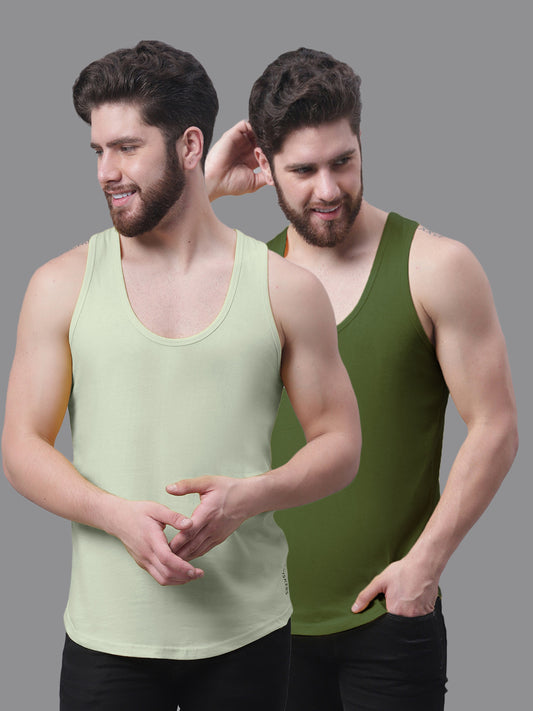 Men's Pack Of 2 Pista & Olive Green Solid Pure Cotton Innerwear Gym Vest - Friskers