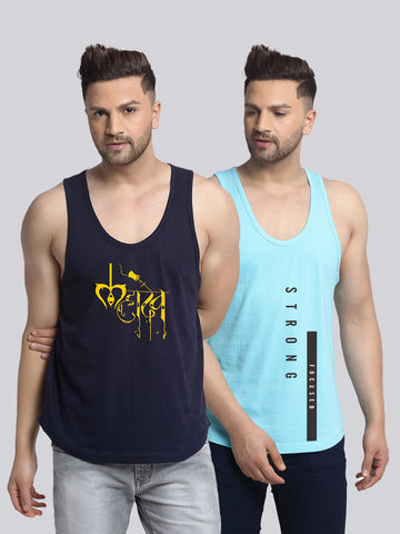 Men's Pack of 2 Navy & Turquiose Printed Gym Vest - Friskers