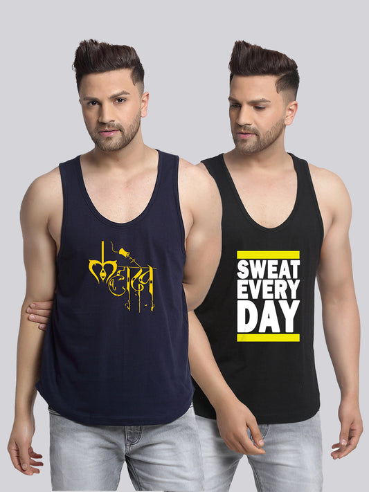 Men's Pack of 2 Navy & Black Printed Gym Vest - Friskers