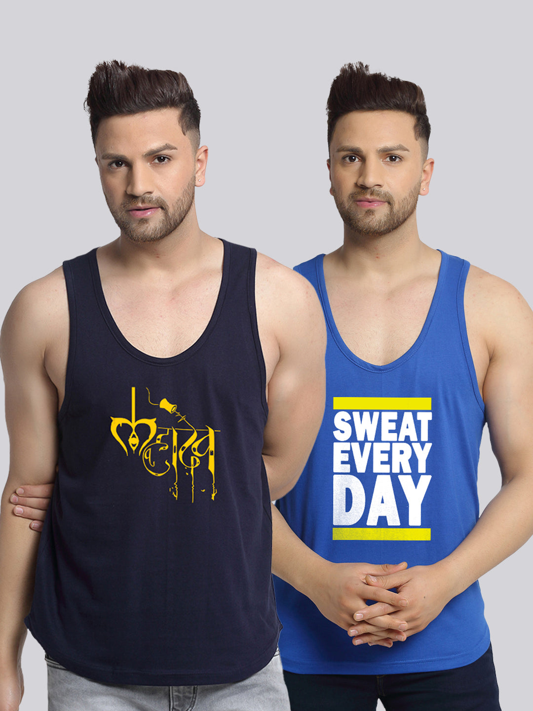 Men's Pack of 2 Navy & Blue Printed Gym Vest - Friskers