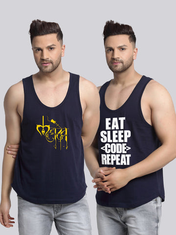 Men's Pack of 2 Navy & Navy Printed Gym Vest - Friskers