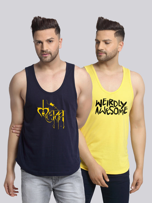 Men's Pack of 2 Navy & Yellow Printed Gym Vest - Friskers
