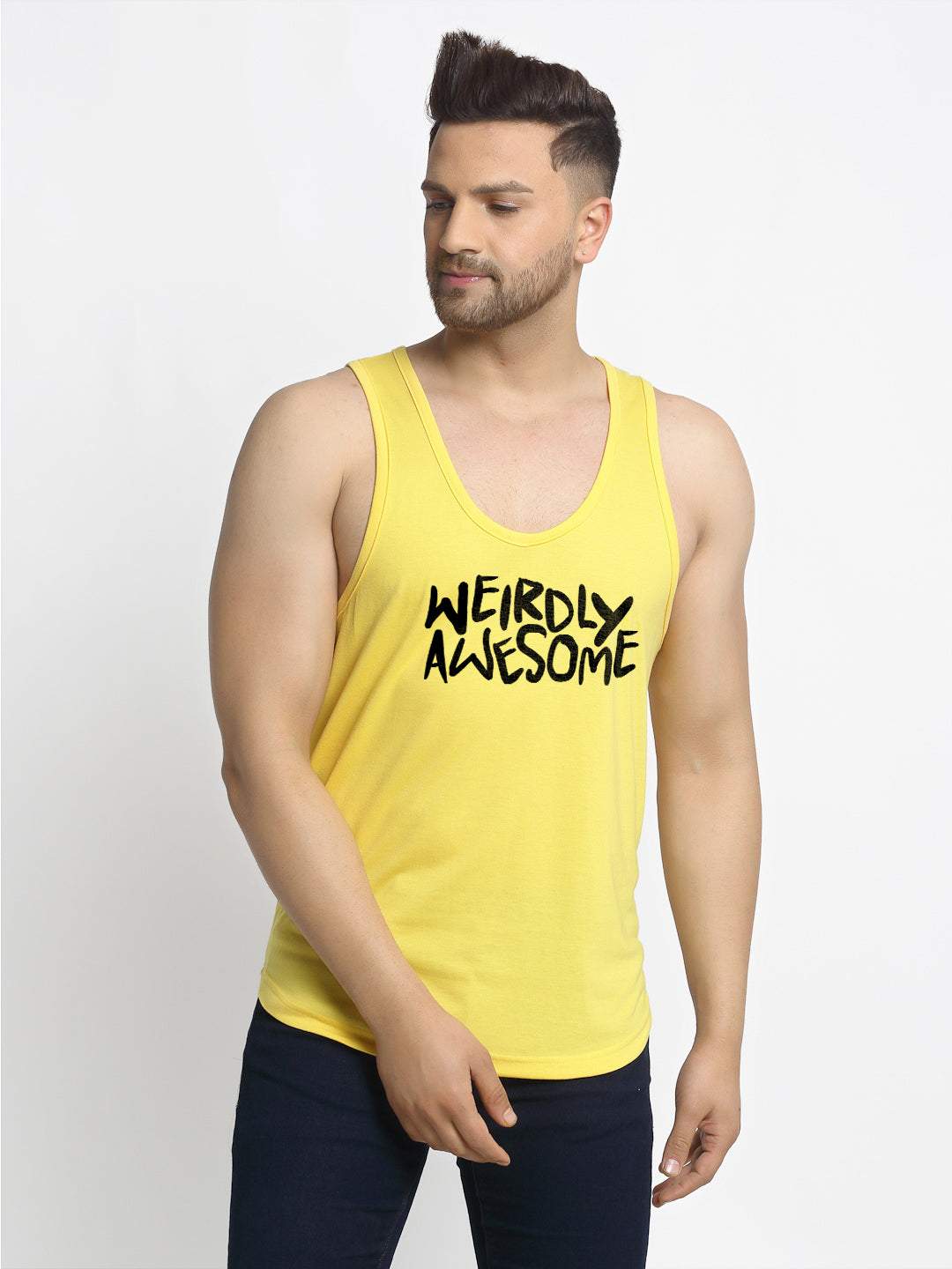 Men's Pack of 2 Navy & Yellow Printed Gym Vest - Friskers