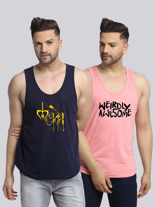 Men's Pack of 2 Navy & Coral Printed Gym Vest - Friskers