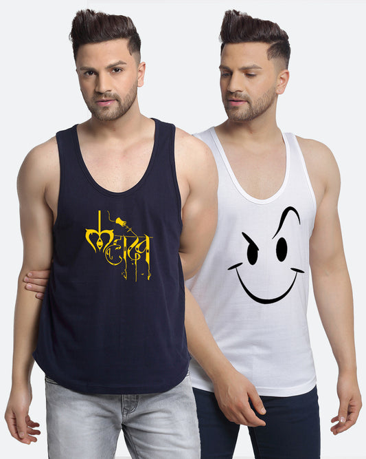 Men's Pack of 2 Navy & White Printed Gym Vest - Friskers