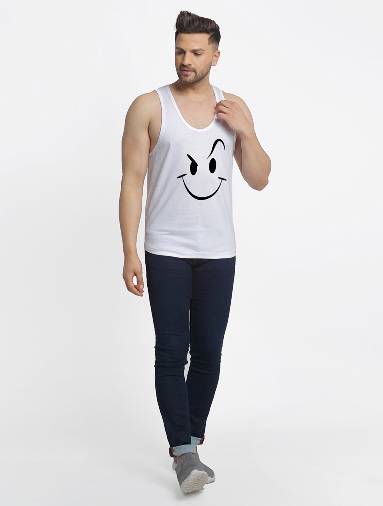 Men's Pack of 2 Navy & White Printed Gym Vest - Friskers