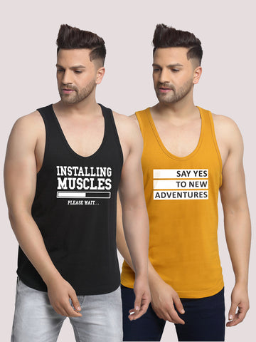 Men's Pack of 2 Black & Mustard Printed Gym vest - Friskers