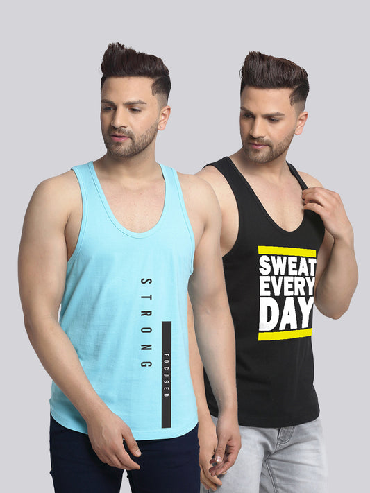Men's Pack of 2 Turquiose & Black Printed Gym Vest - Friskers