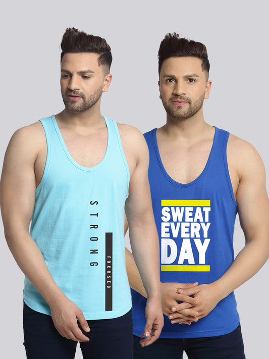 Men's Pack of 2 Turquiose & Blue Printed Gym Vest - Friskers