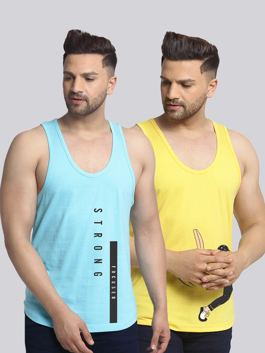 Men's Pack of 2 Turquiose & Yellow Printed Gym Vest - Friskers