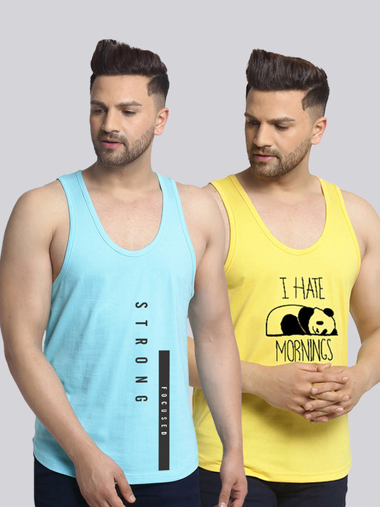 Men's Pack of 2 Turquiose & Yellow Printed Gym Vest - Friskers