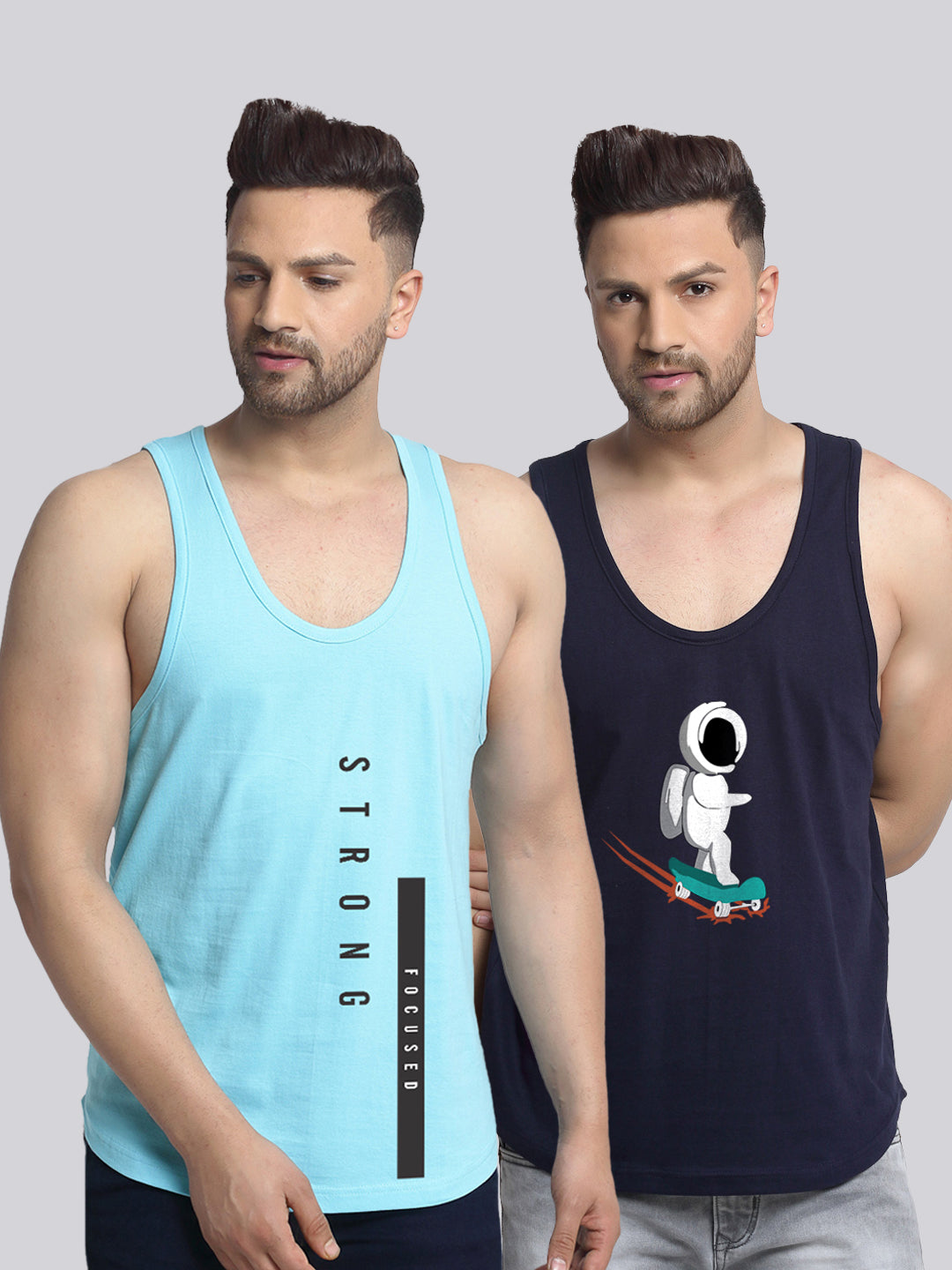 Men's Pack of 2 Turquiose & Navy Printed Gym Vest - Friskers