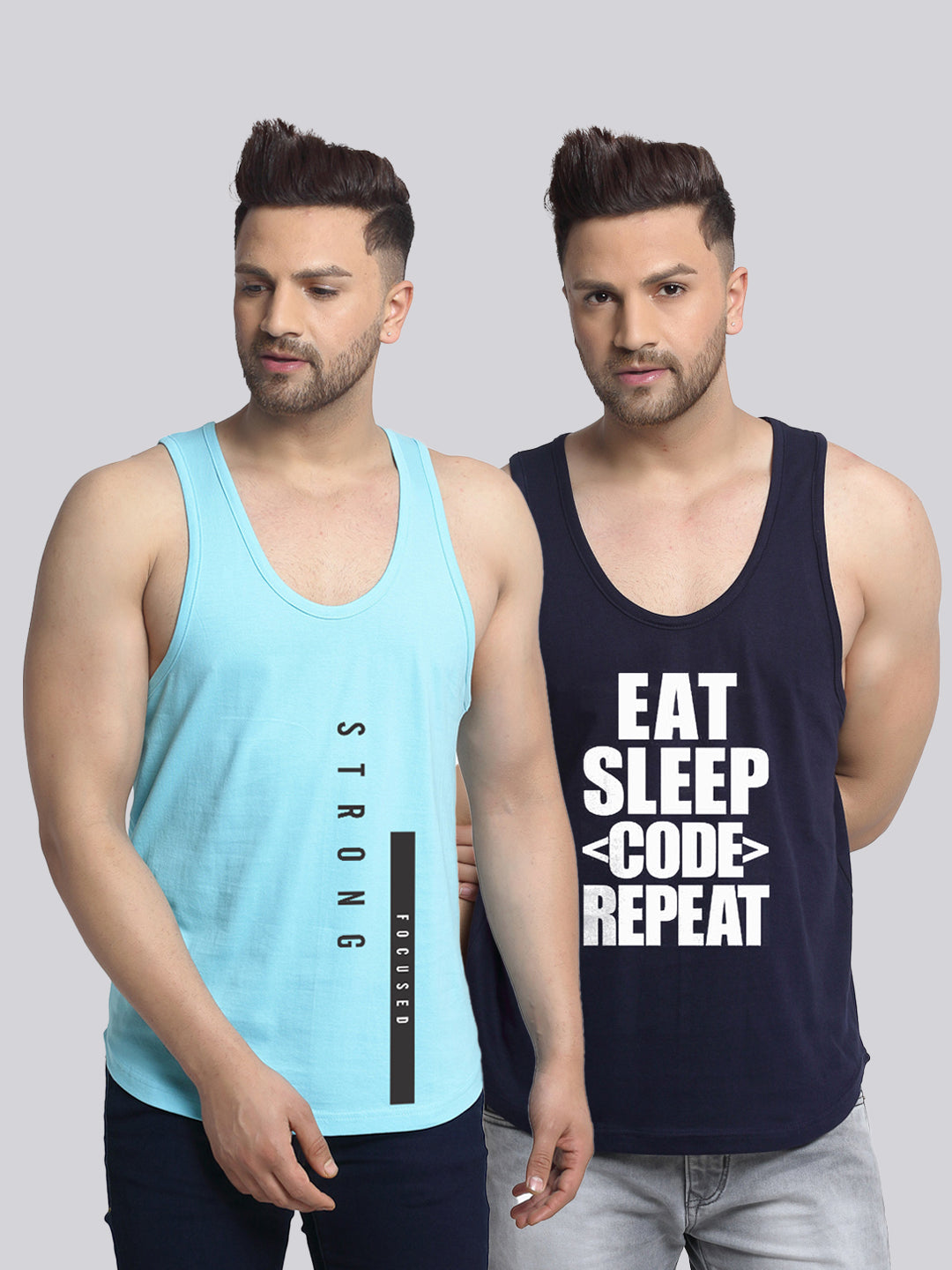 Men's Pack of 2 Turquiose & Navy Printed Gym Vest - Friskers