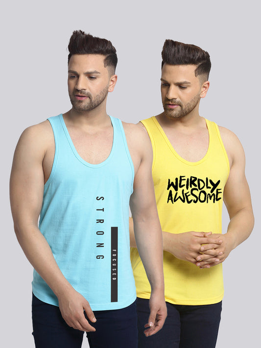Men's Pack of 2 Turquiose & Yellow Printed Gym Vest - Friskers