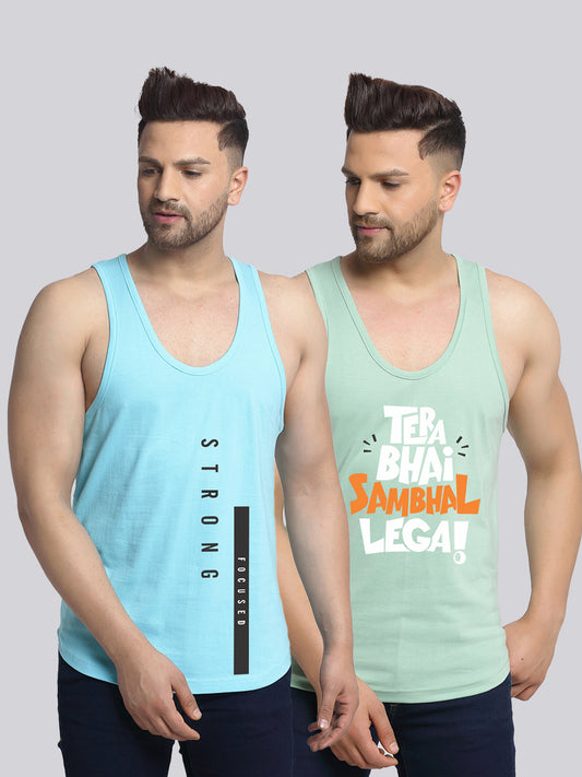Men's Pack of 2 Turquiose & Pista Printed Gym Vest - Friskers