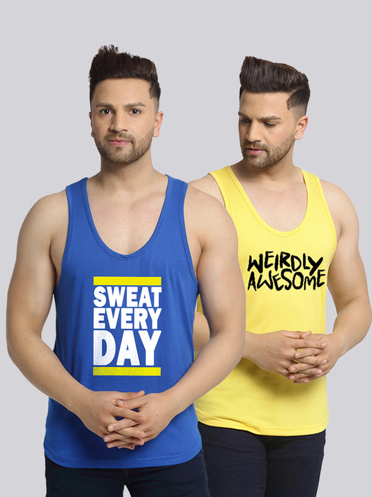 Men's Pack of 2 Blue & Yellow Printed Gym Vest - Friskers