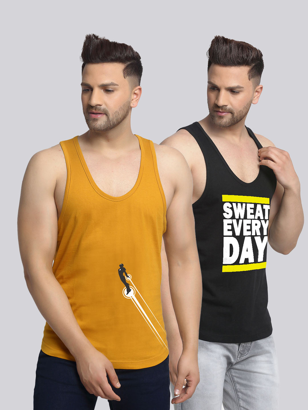Men's Pack of 2 Mustard & Black Printed Gym Vest - Friskers