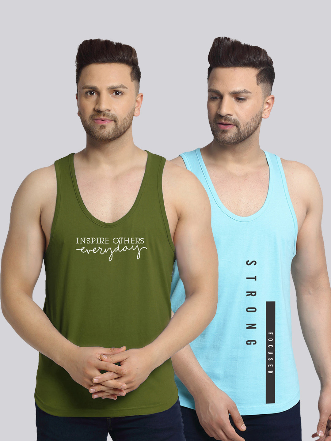 Men's Pack of 2 Olive Green & Turquiose Printed Gym Vest - Friskers